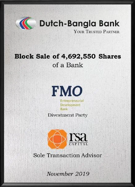 Dutch-Bangla Bank — Block sale of 4,692,550 shares — FMO divestment, Nov 2019